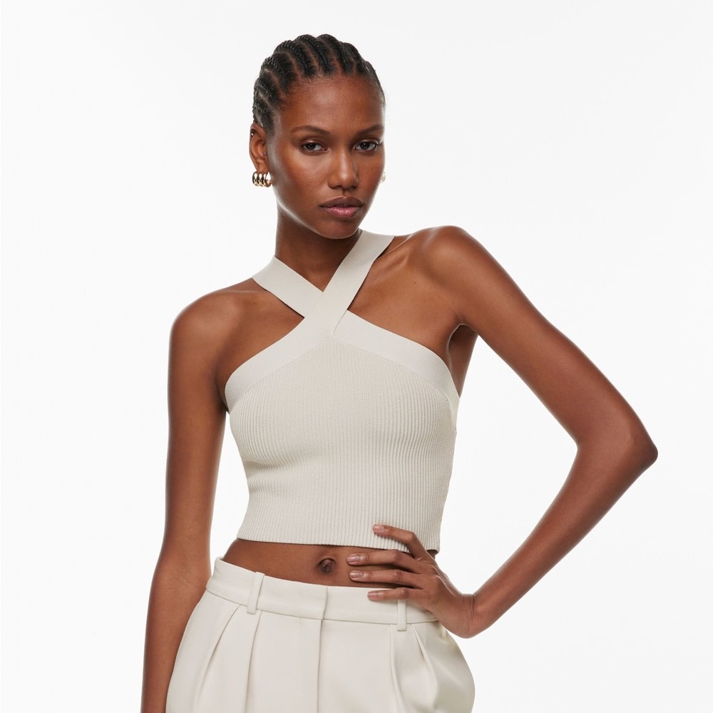 Aritzia Babaton Sculpt Knit Criss Cross Cropped Tank XS Tan